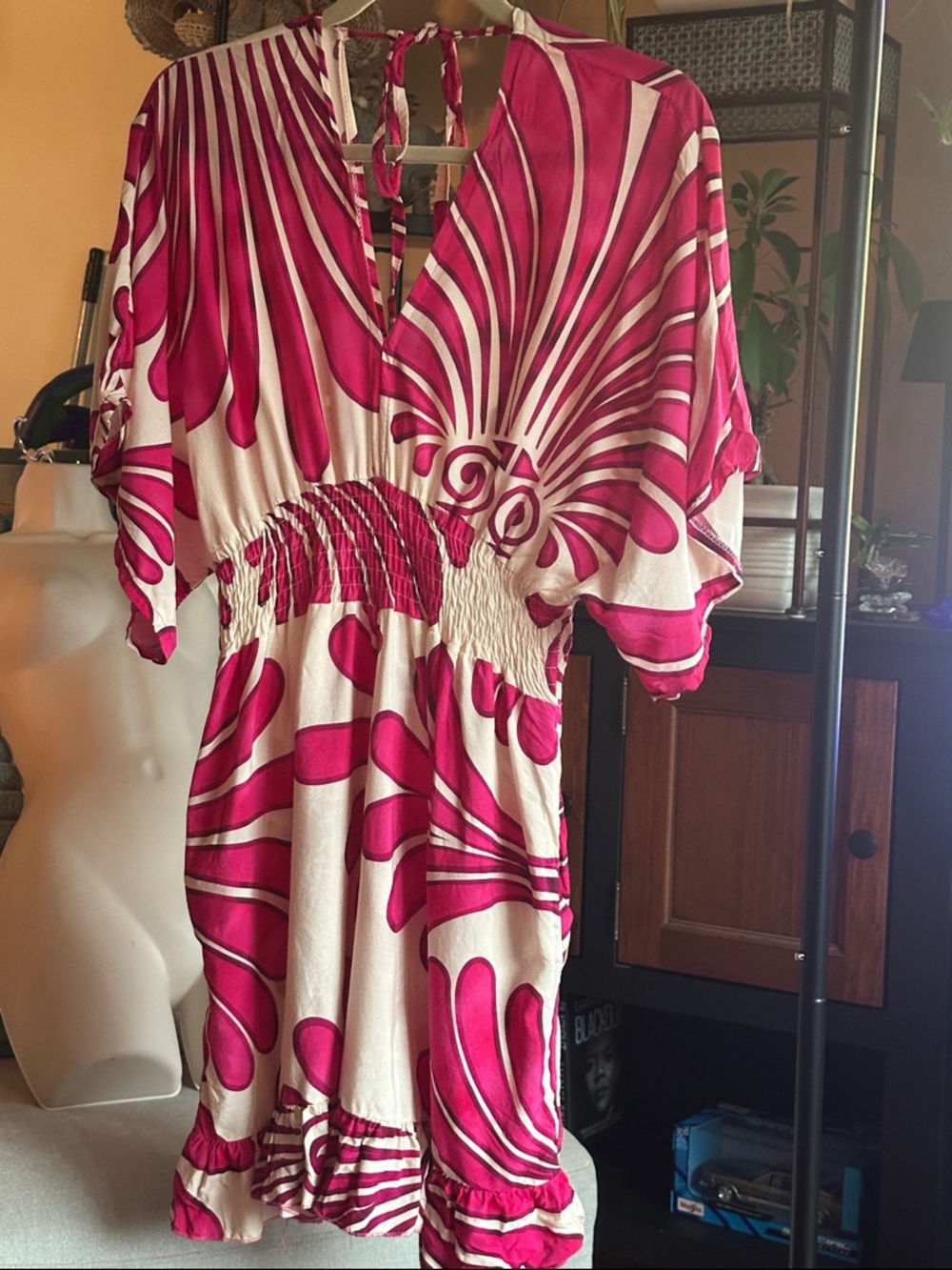 Pink and White Abstract Floral V-Neck romper